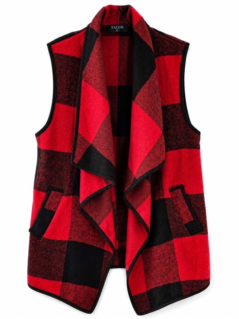 Yachi Red & Black Buffalo Plaid Open Front Vest